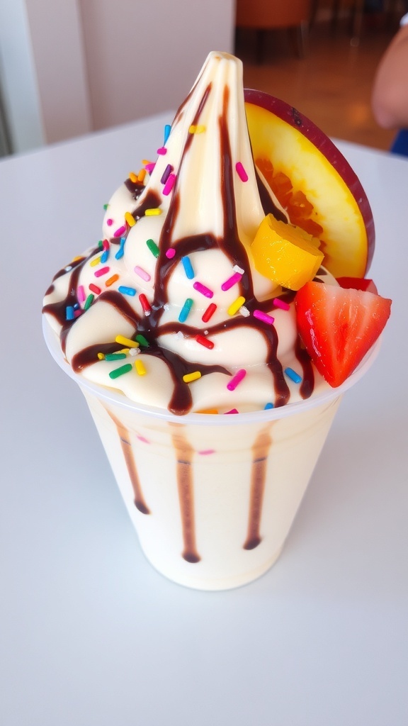 A cup of ice cream topped with sprinkles and chocolate syrup, garnished with fresh fruit.